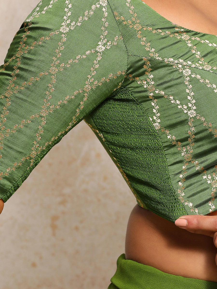 Kumkum x Tyohaar Saree Blouse, in Green Viscose Silk Brocade, featuring elbow sleeves and round neckline (view 3).