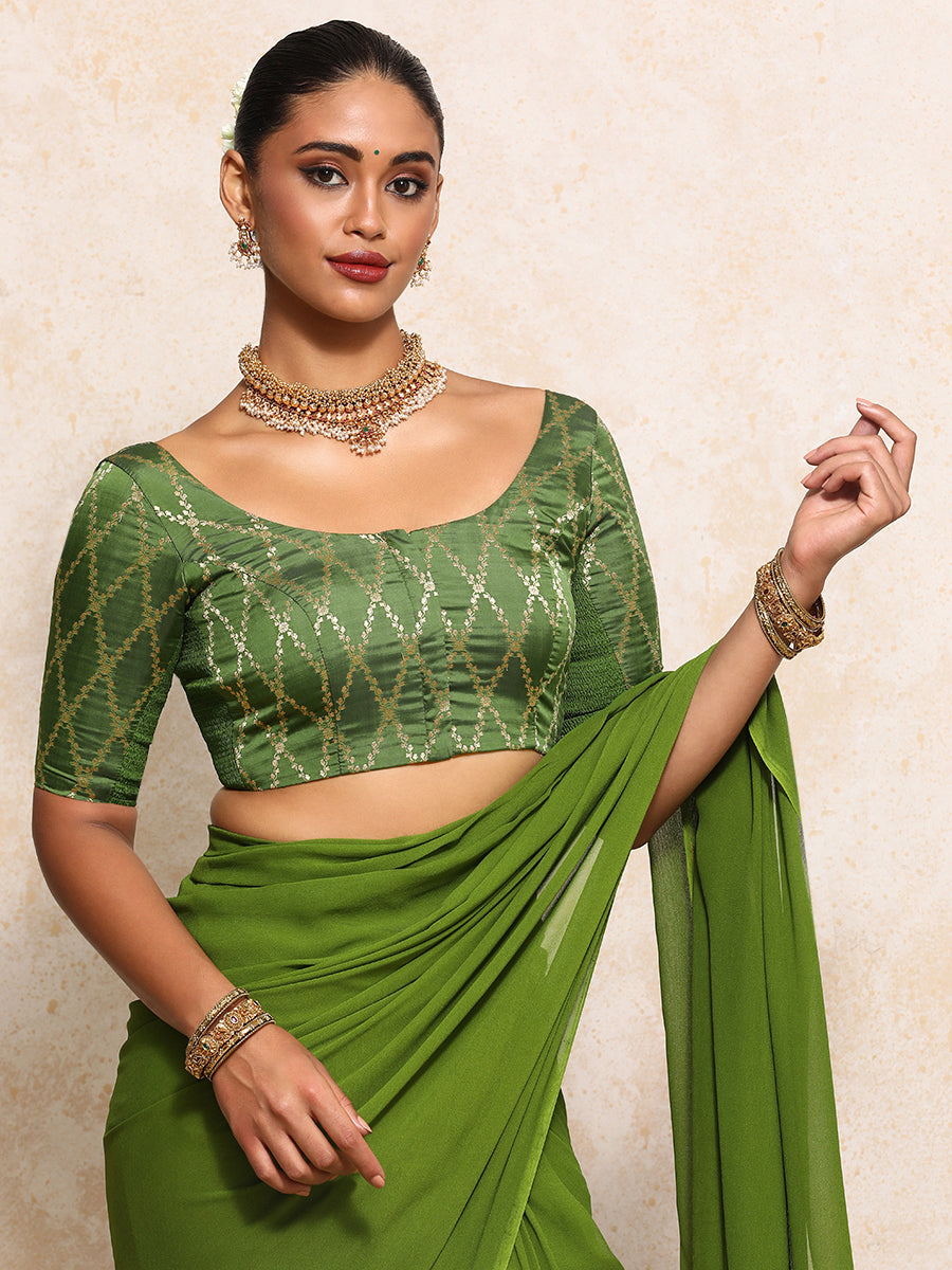 Kumkum x Tyohaar Saree Blouse, in Green Viscose Silk Brocade, featuring elbow sleeves and round neckline (view 6).