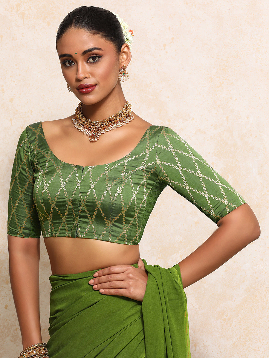 Kumkum x Tyohaar Saree Blouse, in Green Viscose Silk Brocade, featuring elbow sleeves and round neckline (view 7).