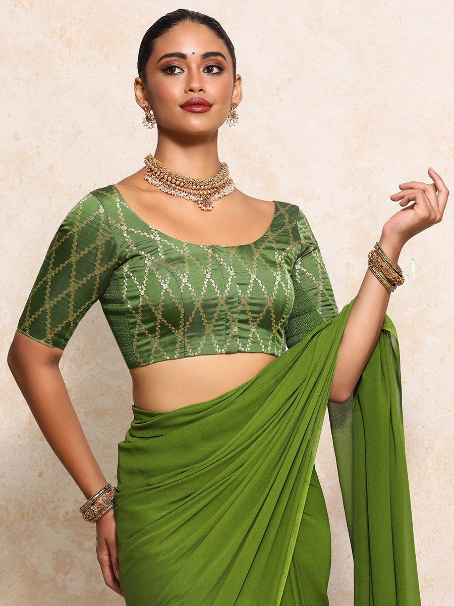 Kumkum x Tyohaar Saree Blouse, in Green Viscose Silk Brocade, featuring elbow sleeves and round neckline (view 8).