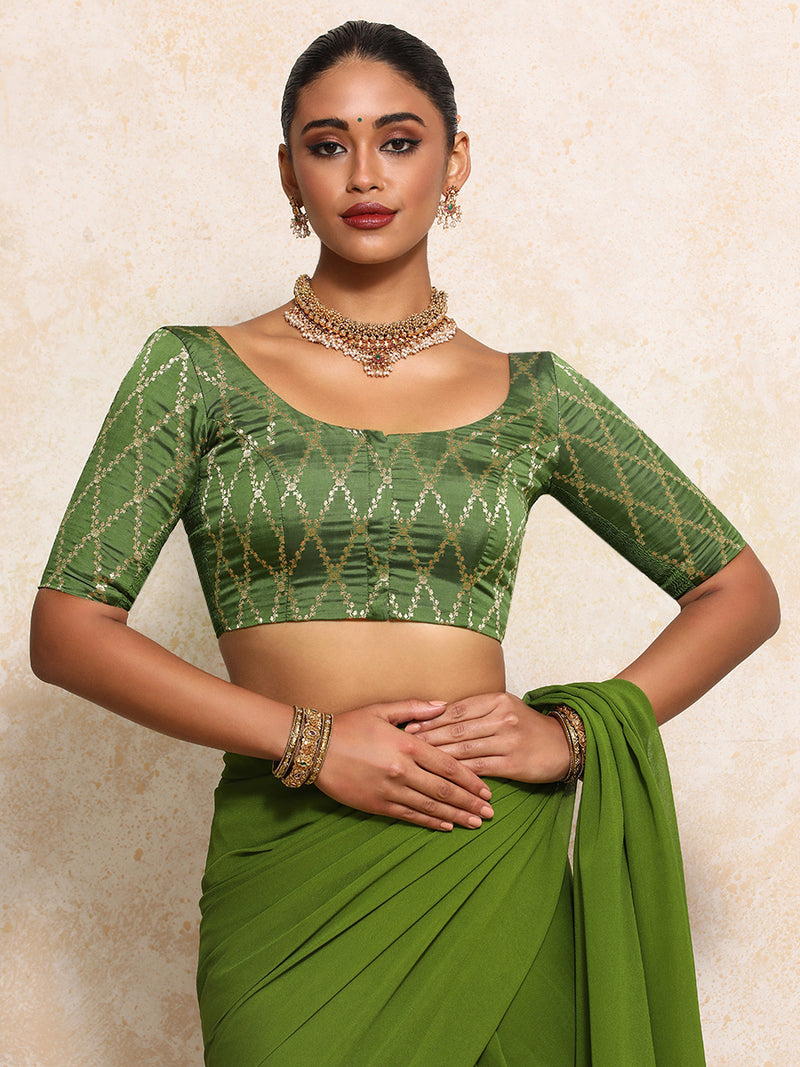 Kumkum x Tyohaar | Elbow Sleeves Saree Blouse in Deep Olive Vine Mesh Brocade-Binks