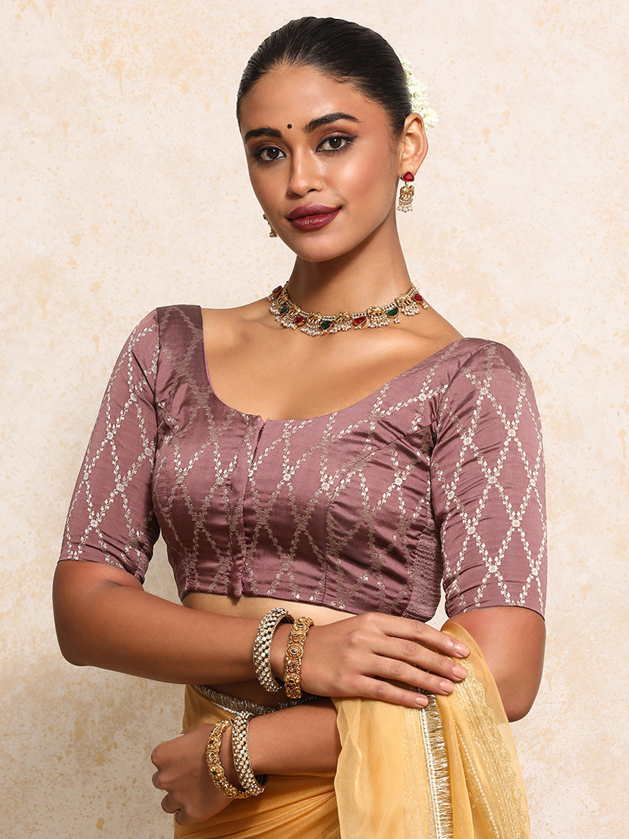 Kumkum x Tyohaar Saree Blouse, in Pink Viscose Silk Brocade, featuring elbow sleeves and round neckline.