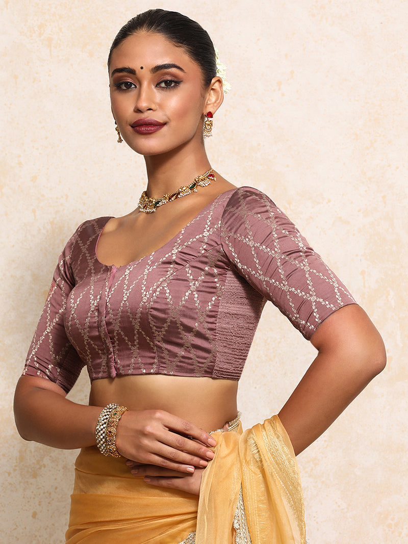 Kumkum x Tyohaar | Elbow Sleeves Saree Blouse in Dusky Mauve Vine Mesh Brocade-Binks