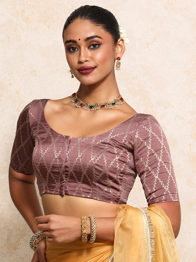 Kumkum x Tyohaar | Elbow Sleeves Saree Blouse in Dusky Mauve Vine Mesh Brocade-Binks