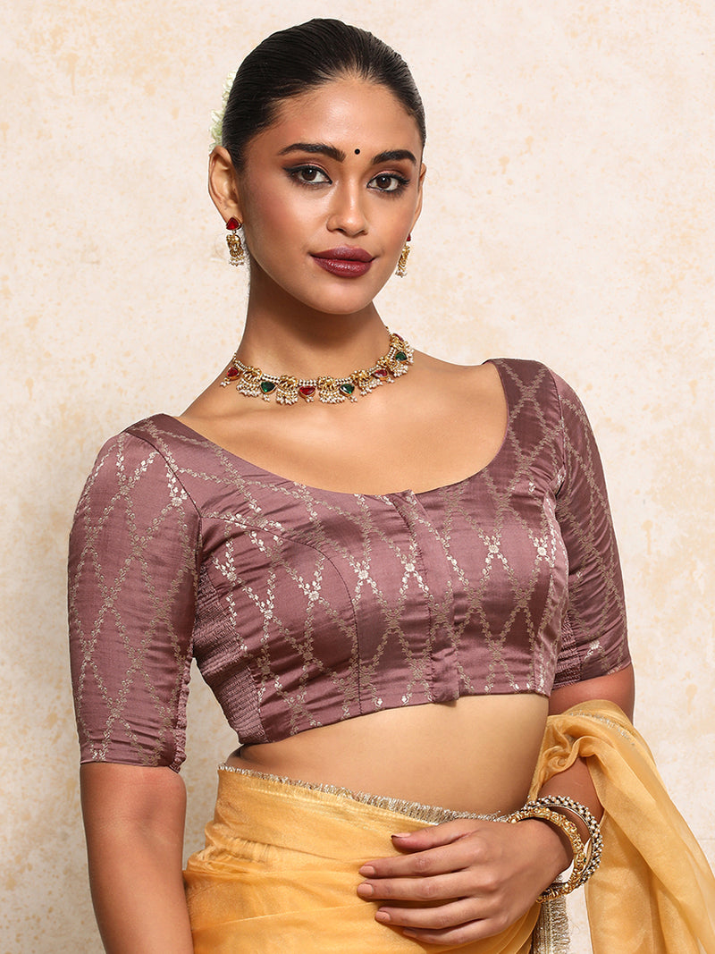 Kumkum x Tyohaar | Elbow Sleeves Saree Blouse in Dusky Mauve Vine Mesh Brocade-Binks