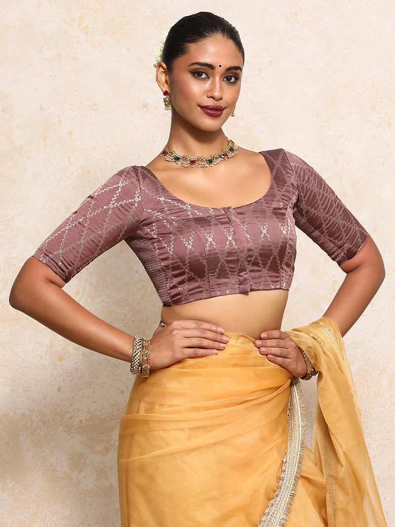 Kumkum x Tyohaar | Elbow Sleeves Saree Blouse in Dusky Mauve Vine Mesh Brocade-Binks
