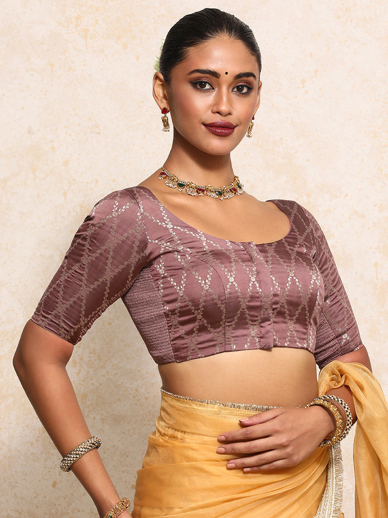 Kumkum x Tyohaar | Elbow Sleeves Saree Blouse in Dusky Mauve Vine Mesh Brocade-Binks