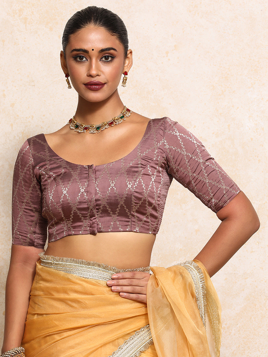 Kumkum x Tyohaar Saree Blouse, in Pink Viscose Silk Brocade, featuring elbow sleeves and round neckline (view 5).