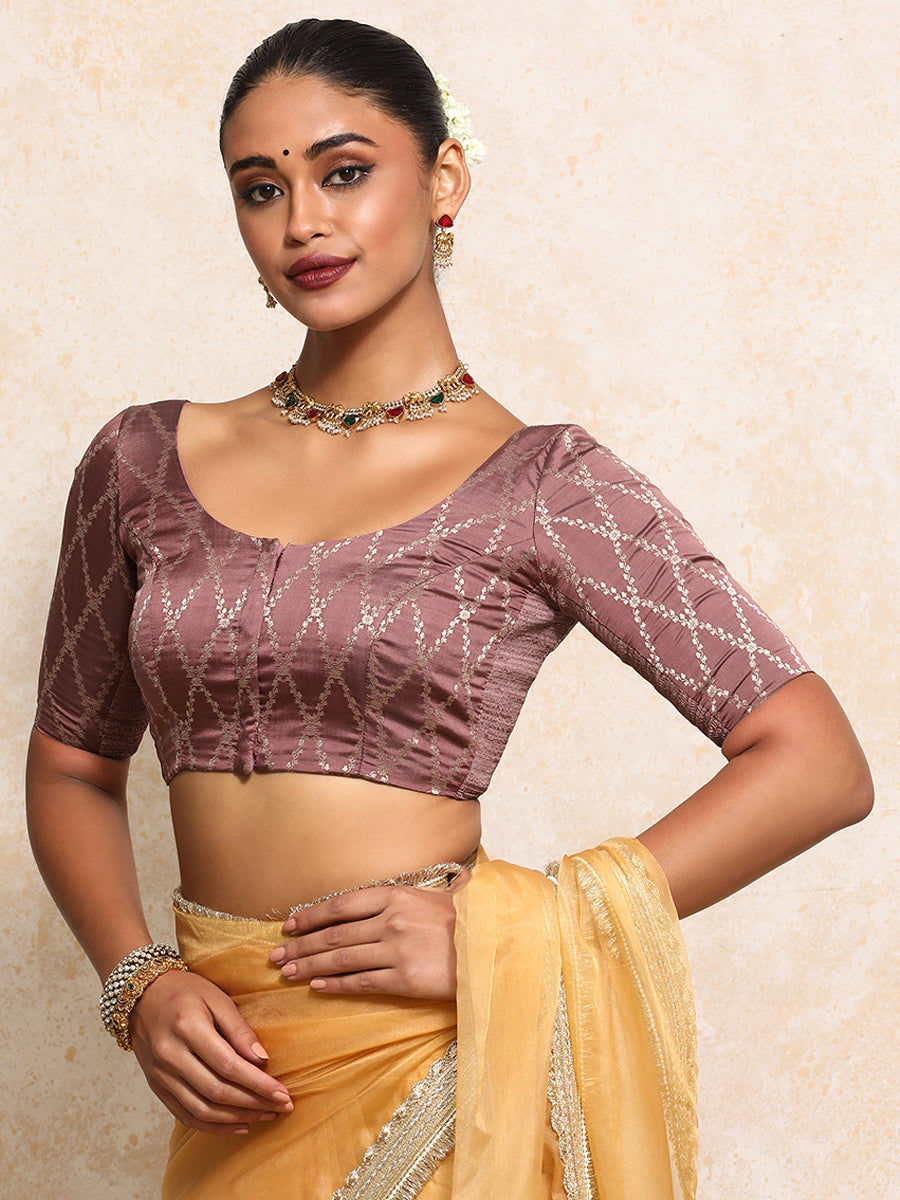 Kumkum x Tyohaar Saree Blouse, in Pink Viscose Silk Brocade, featuring elbow sleeves and round neckline (view 8).