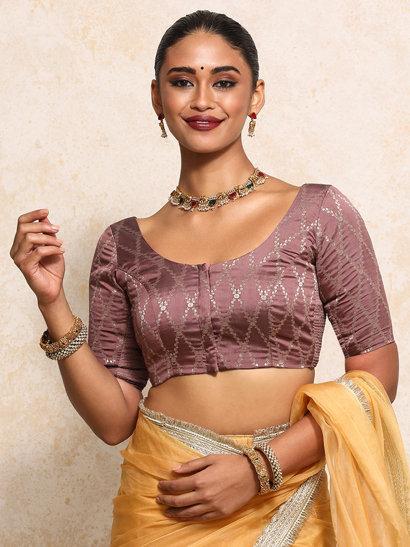Kumkum x Tyohaar | Elbow Sleeves Saree Blouse in Dusky Mauve Vine Mesh Brocade-Binks