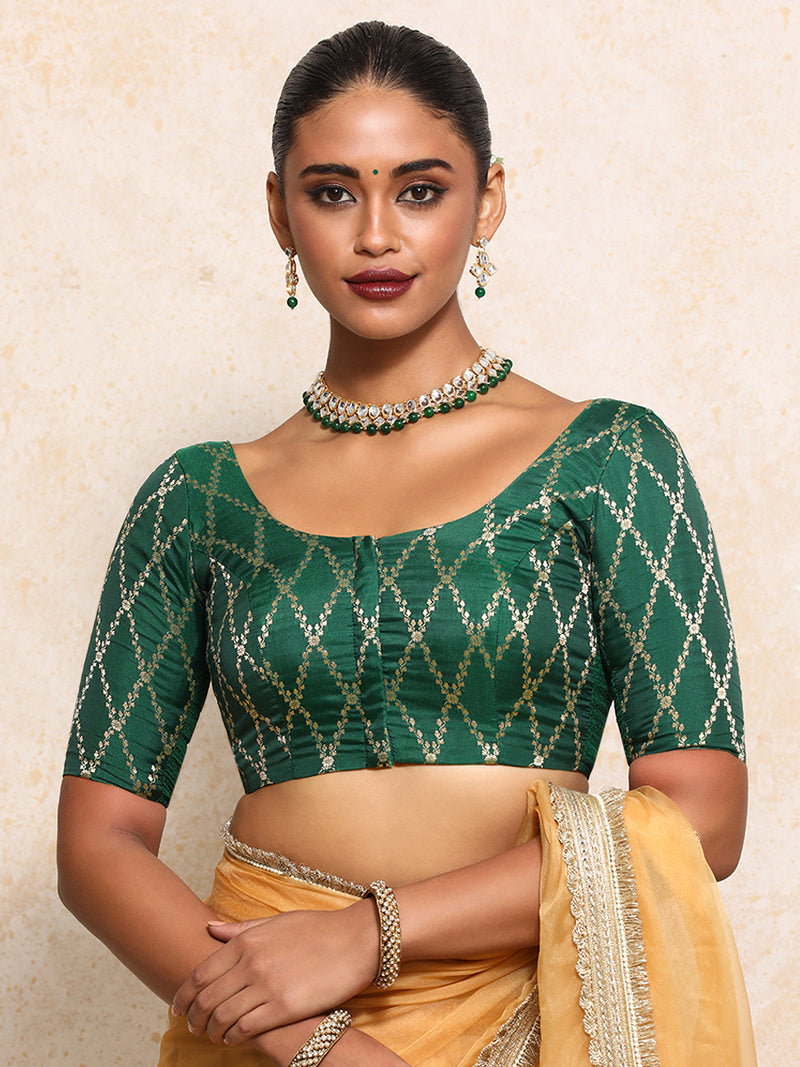 Kumkum x Tyohaar | Elbow Sleeves Saree Blouse in Emerald Green Vine Mesh Brocade-Binks