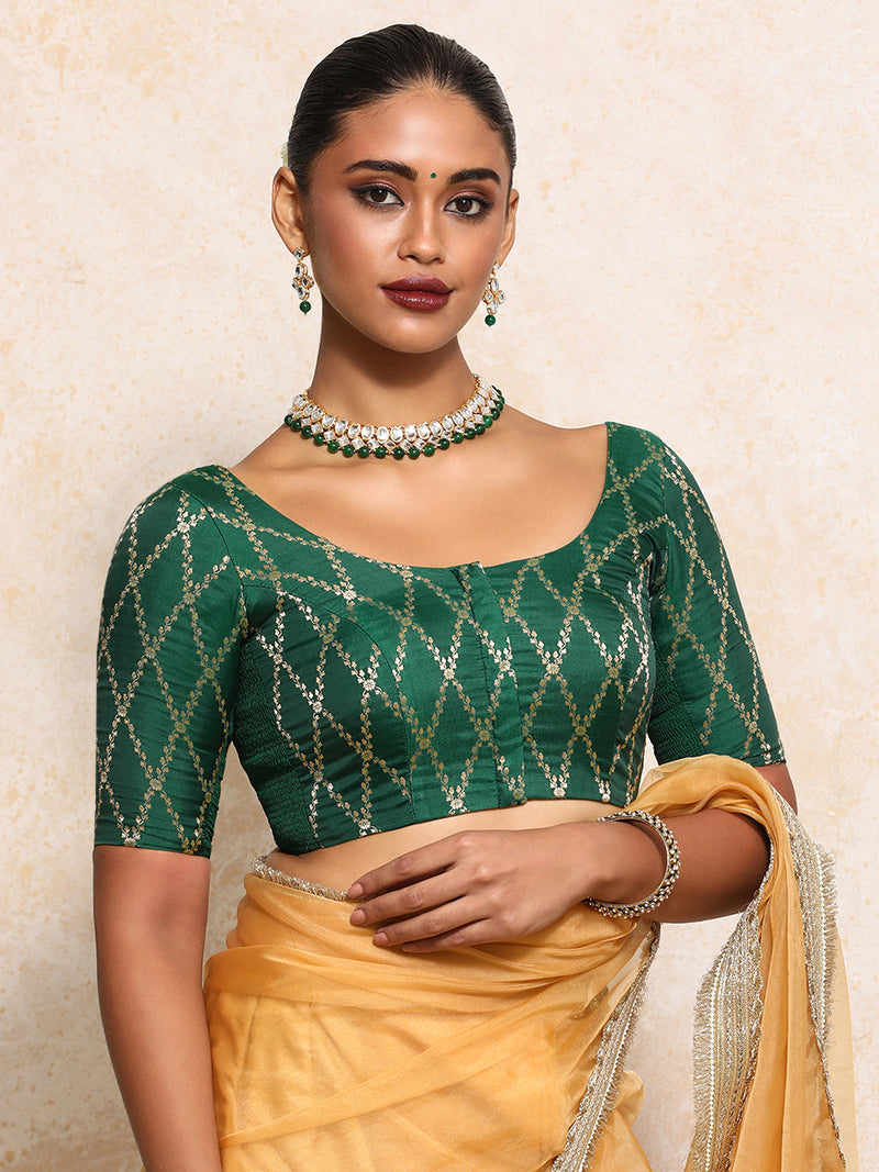 Kumkum x Tyohaar | Elbow Sleeves Saree Blouse in Emerald Green Vine Mesh Brocade-Binks