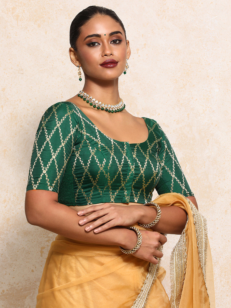 Kumkum x Tyohaar | Elbow Sleeves Saree Blouse in Emerald Green Vine Mesh Brocade-Binks