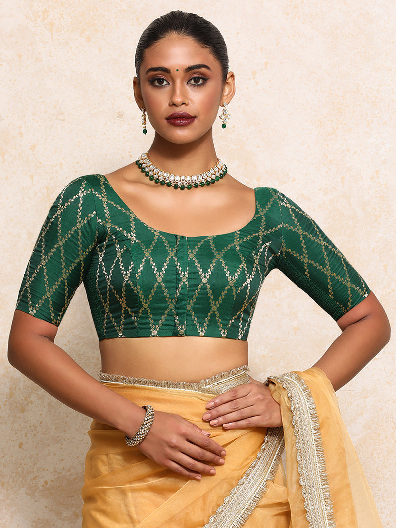 Kumkum x Tyohaar | Elbow Sleeves Saree Blouse in Emerald Green Vine Mesh Brocade-Binks