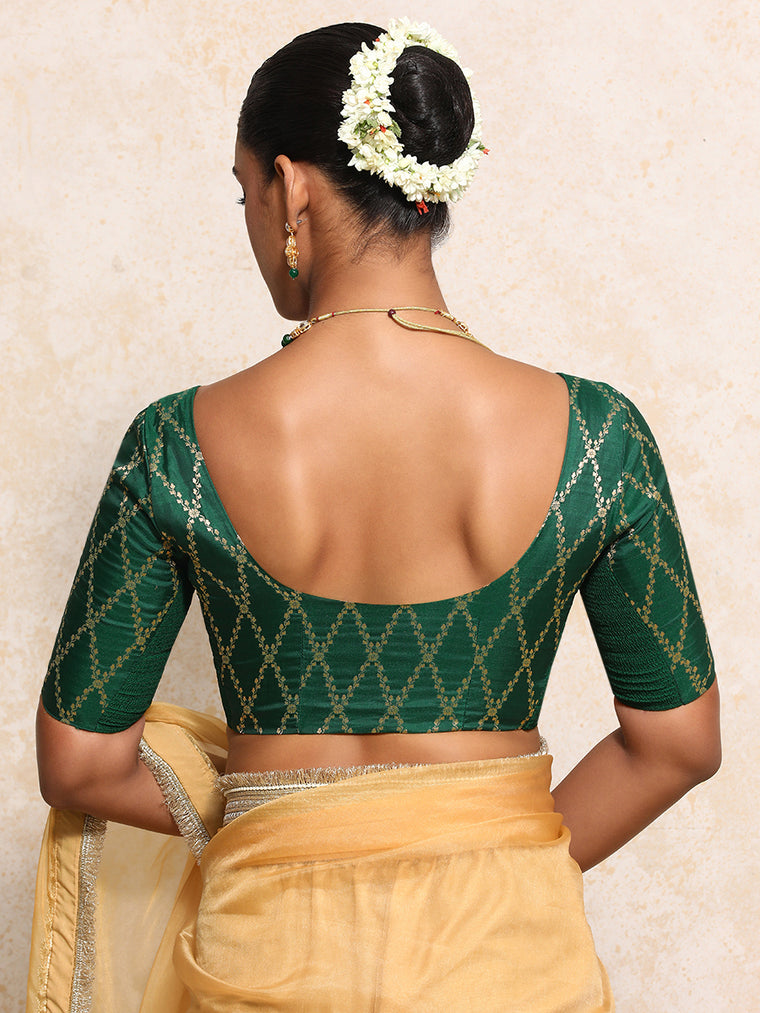 Kumkum x Tyohaar Saree Blouse, in Green Viscose Silk Brocade, featuring elbow sleeves and round neckline (view 2).