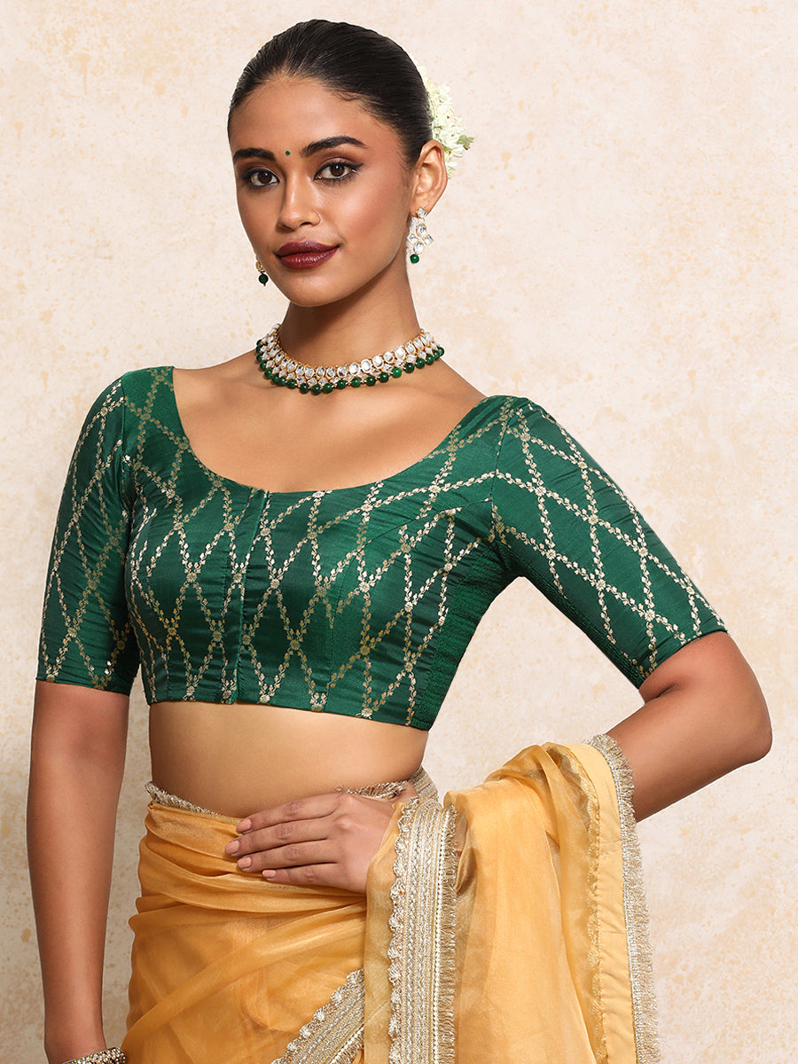 Kumkum x Tyohaar Saree Blouse, in Green Viscose Silk Brocade, featuring elbow sleeves and round neckline (view 7).