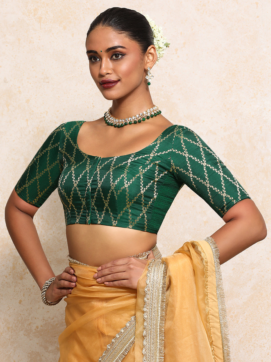 Kumkum x Tyohaar Saree Blouse, in Green Viscose Silk Brocade, featuring elbow sleeves and round neckline (view 8).