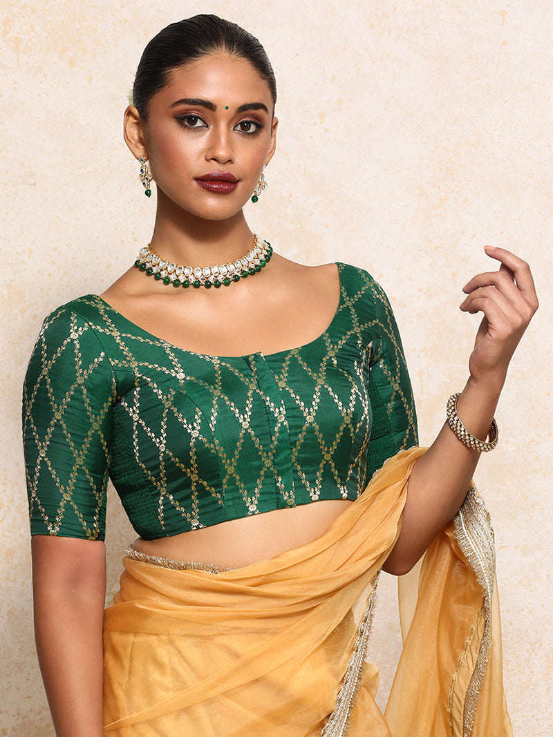 Kumkum x Tyohaar | Elbow Sleeves Saree Blouse in Emerald Green Vine Mesh Brocade-Binks