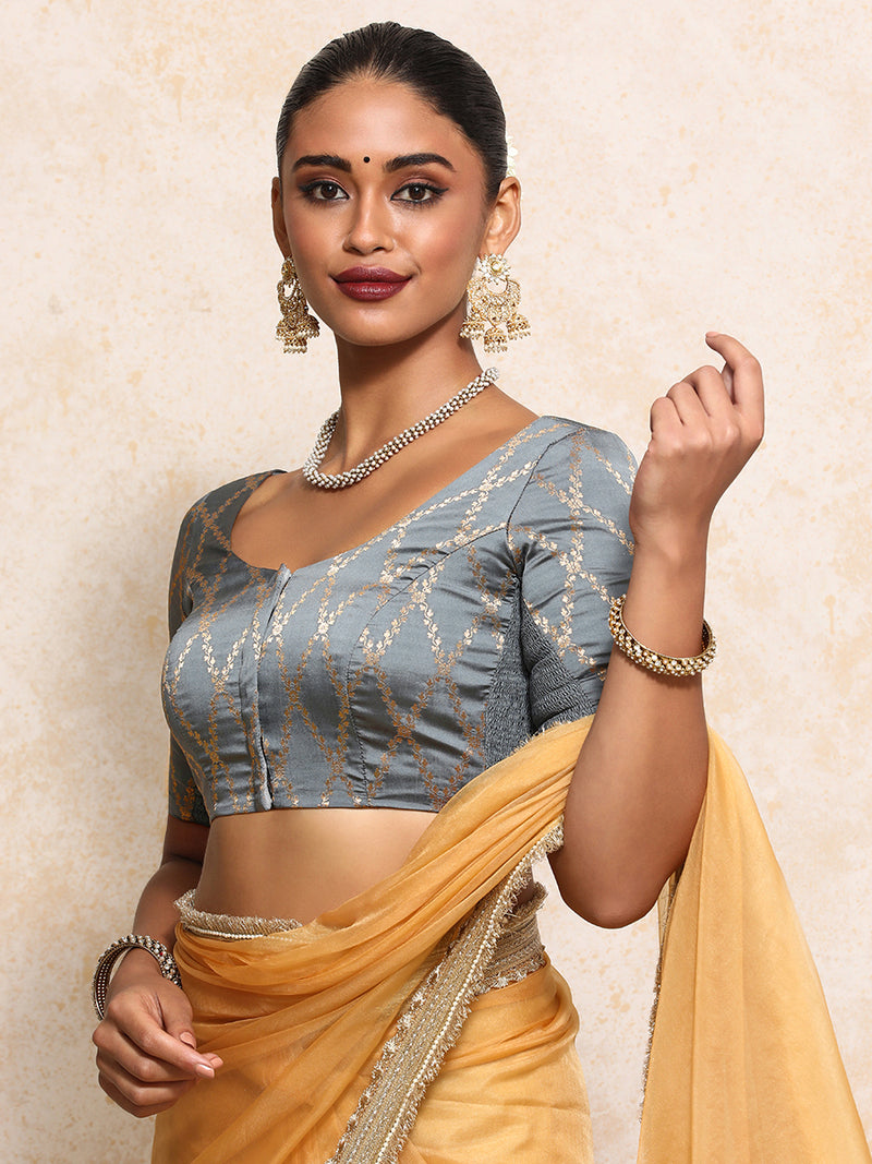 Kumkum x Tyohaar | Elbow Sleeves Saree Blouse in Gilded Grey Vine Mesh Brocade-Binks