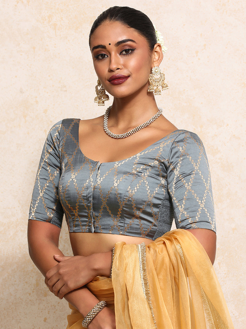 Kumkum x Tyohaar | Elbow Sleeves Saree Blouse in Gilded Grey Vine Mesh Brocade-Binks