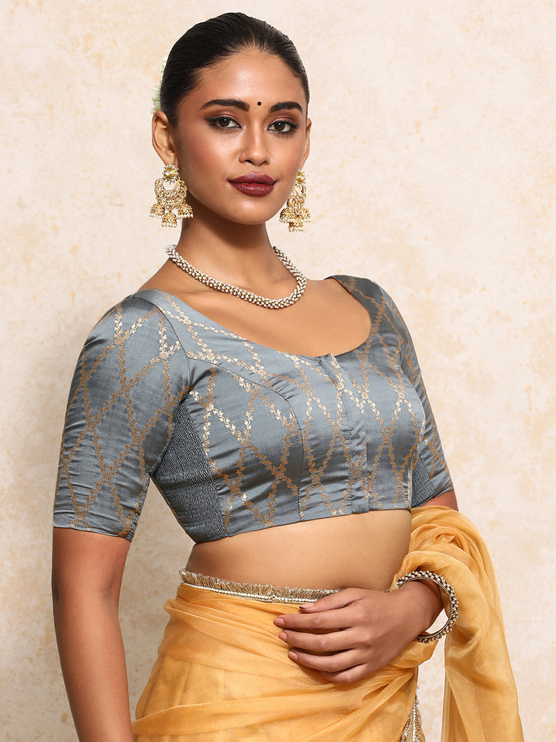 Kumkum x Tyohaar | Elbow Sleeves Saree Blouse in Gilded Grey Vine Mesh Brocade-Binks