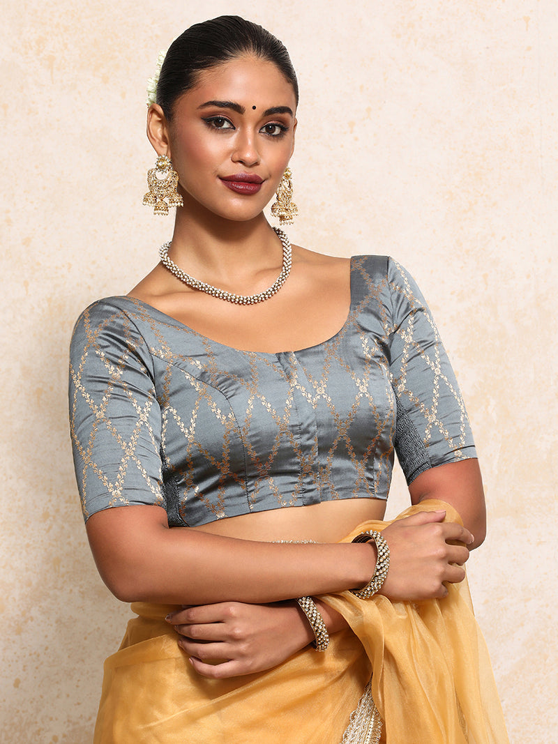 Kumkum x Tyohaar | Elbow Sleeves Saree Blouse in Gilded Grey Vine Mesh Brocade-Binks