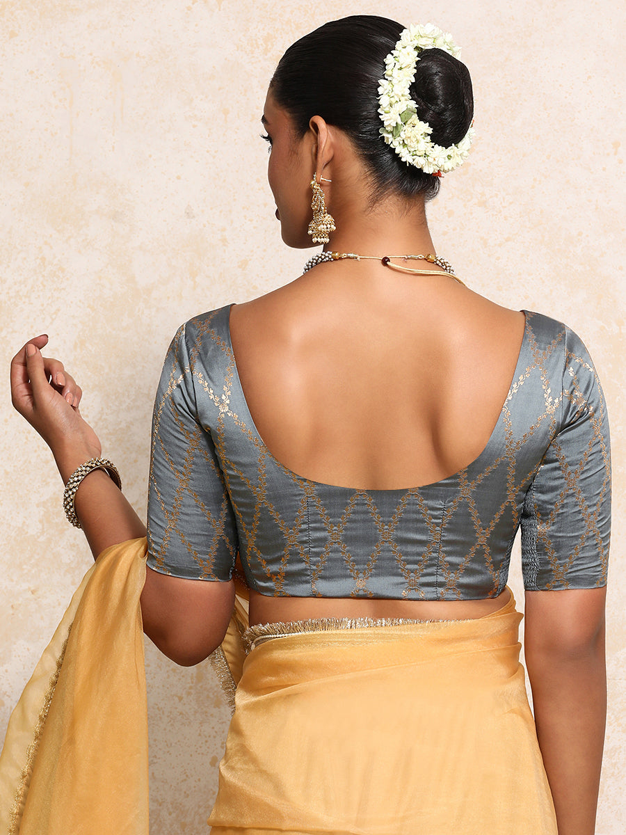 Kumkum x Tyohaar Saree Blouse, in Grey Viscose Silk Brocade, featuring elbow sleeves and round neckline (view 2).