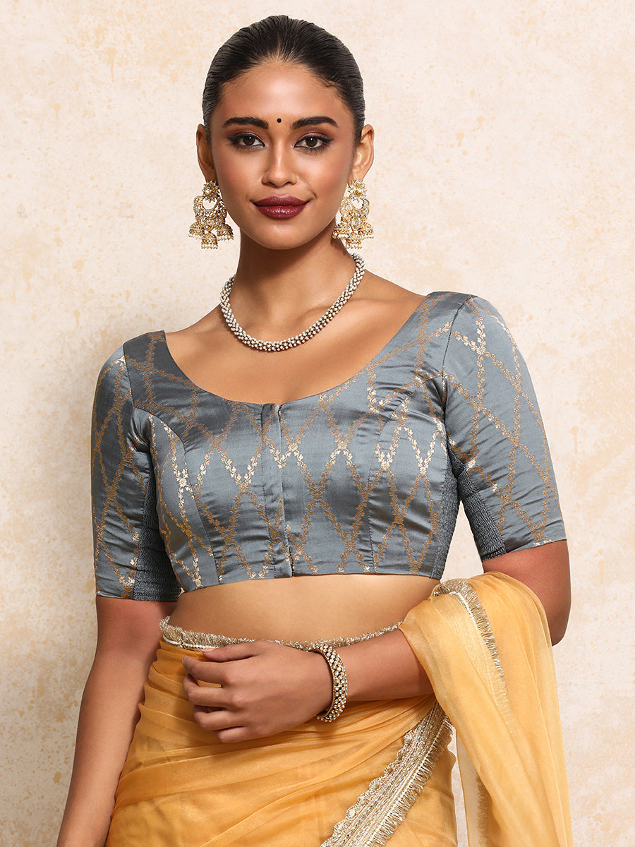 Kumkum x Tyohaar Saree Blouse, in Grey Viscose Silk Brocade, featuring elbow sleeves and round neckline (view 5).