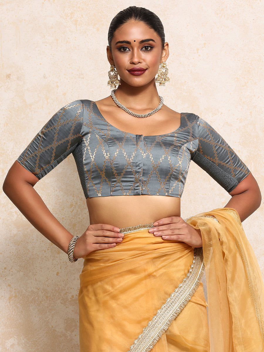 Kumkum x Tyohaar Saree Blouse, in Grey Viscose Silk Brocade, featuring elbow sleeves and round neckline (view 7).