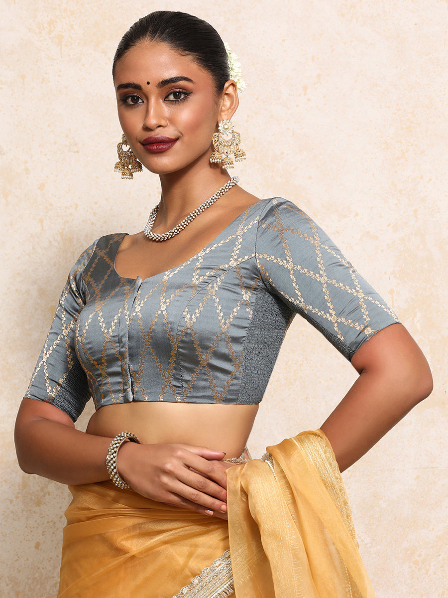 Kumkum x Tyohaar Saree Blouse, in Grey Viscose Silk Brocade, featuring elbow sleeves and round neckline (view 8).