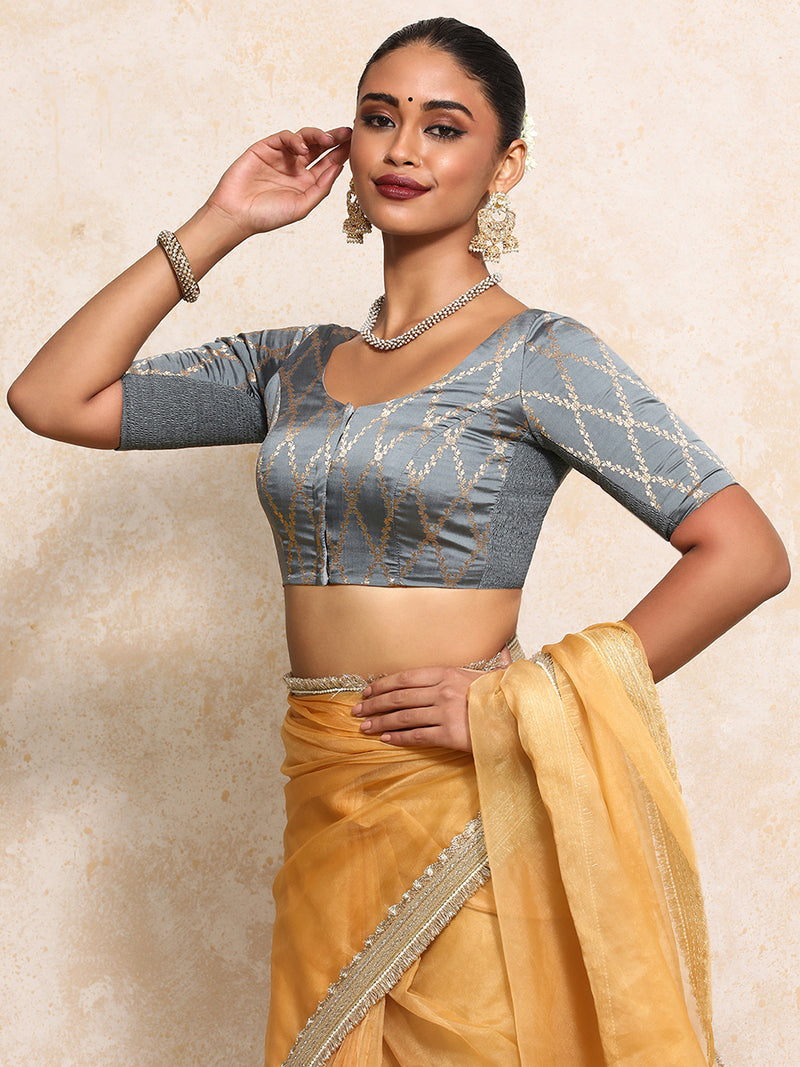 Kumkum x Tyohaar | Elbow Sleeves Saree Blouse in Gilded Grey Vine Mesh Brocade-Binks