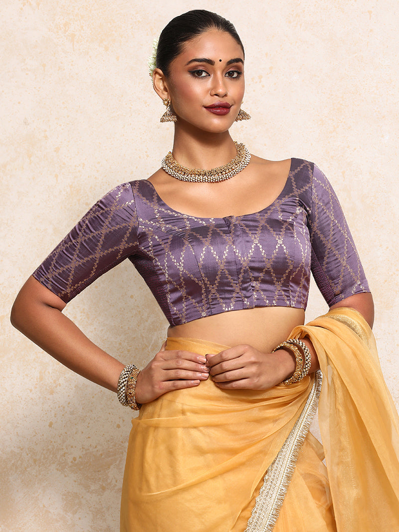 Kumkum x Tyohaar | Elbow Sleeves Saree Blouse in Moonlit Lavender Vine Mesh Brocade-Binks
