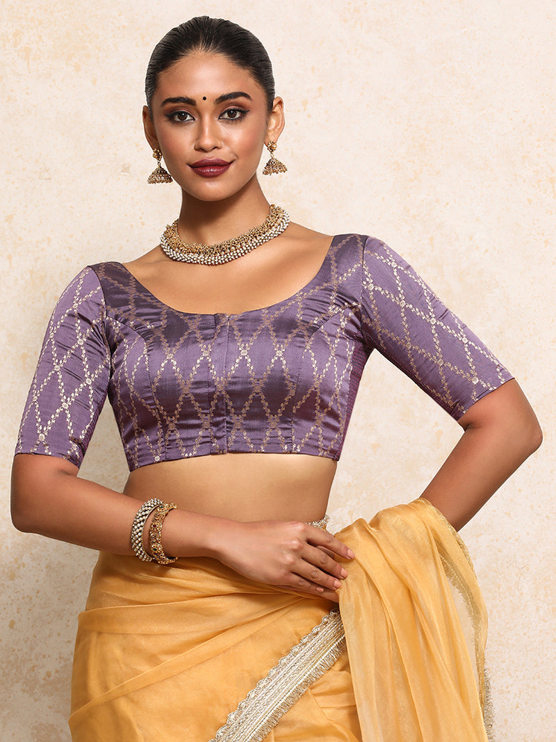 Kumkum x Tyohaar | Elbow Sleeves Saree Blouse in Moonlit Lavender Vine Mesh Brocade-Binks