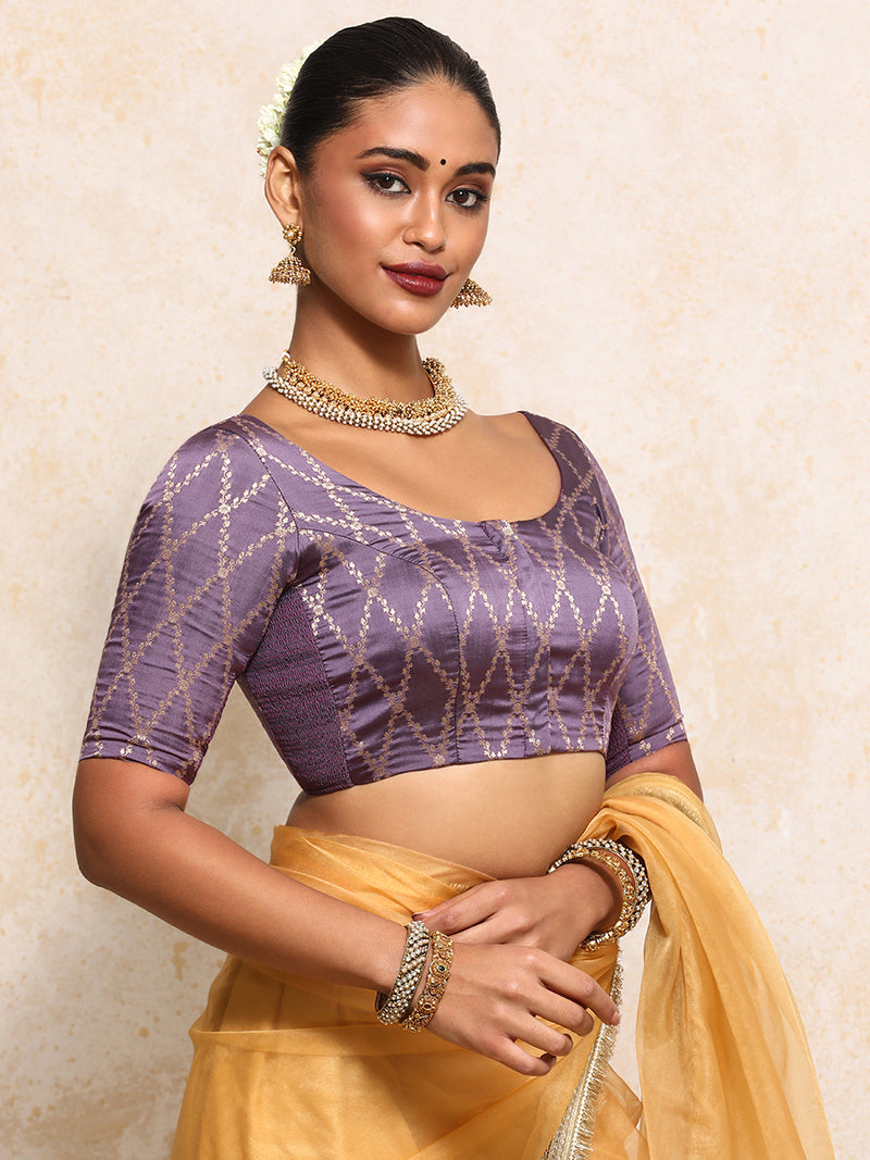 Kumkum x Tyohaar | Elbow Sleeves Saree Blouse in Moonlit Lavender Vine Mesh Brocade-Binks