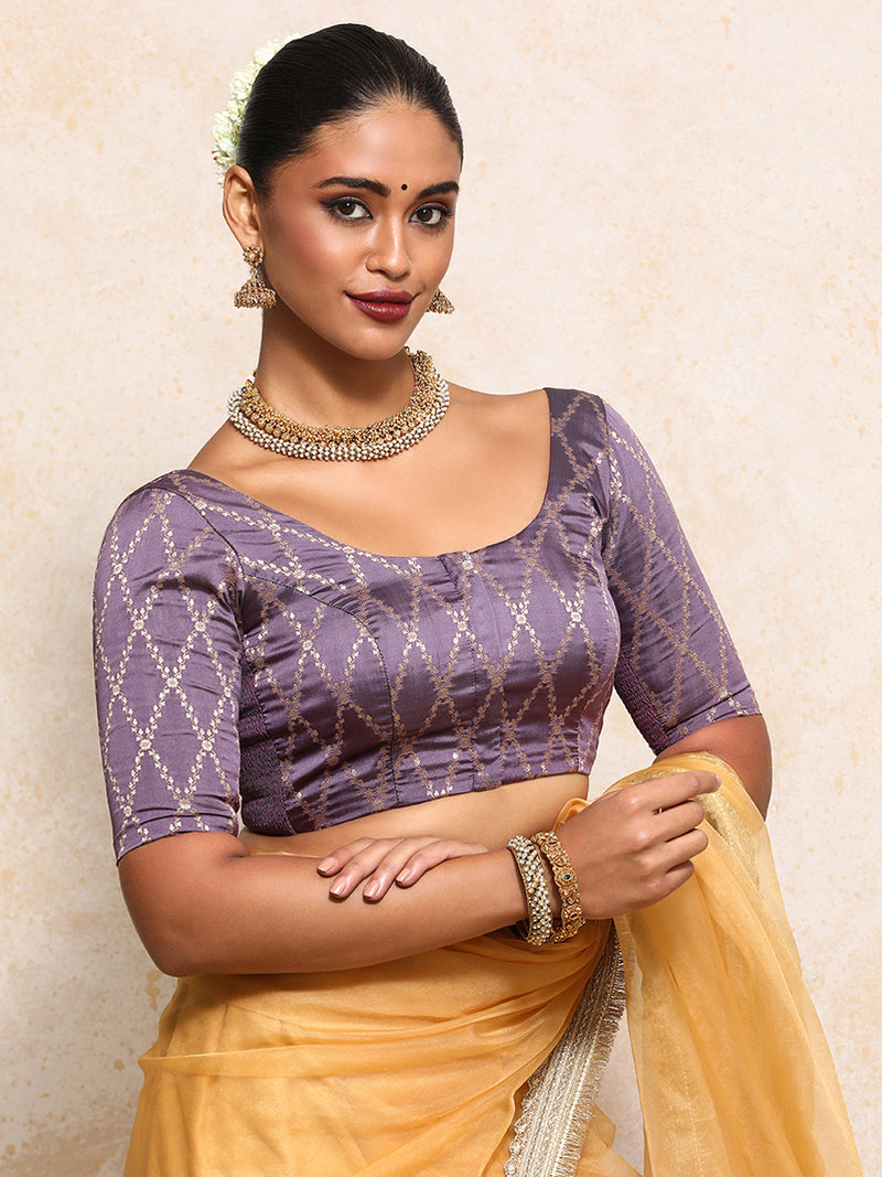 Kumkum x Tyohaar | Elbow Sleeves Saree Blouse in Moonlit Lavender Vine Mesh Brocade-Binks