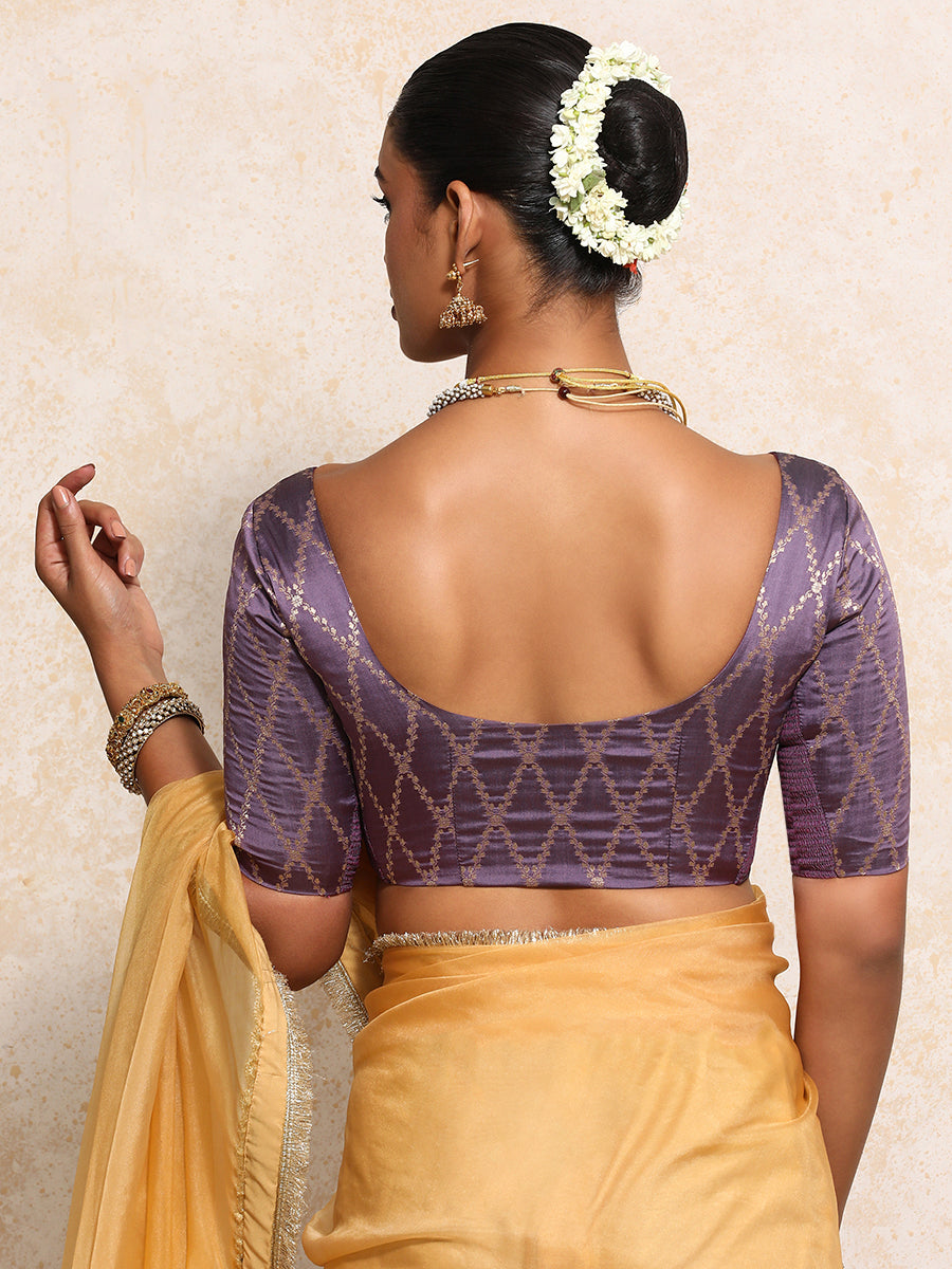 Kumkum x Tyohaar Saree Blouse, in Purple Viscose Silk Brocade, featuring elbow sleeves and round neckline (view 2).