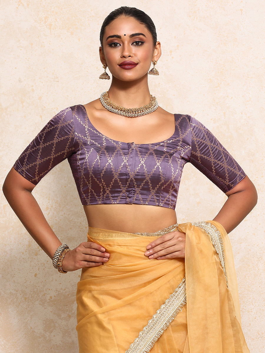 Kumkum x Tyohaar Saree Blouse, in Purple Viscose Silk Brocade, featuring elbow sleeves and round neckline (view 8).