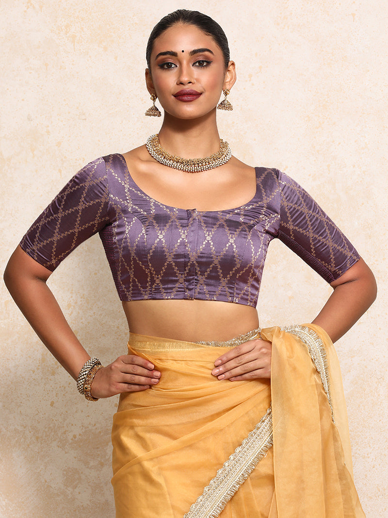 Kumkum x Tyohaar | Elbow Sleeves Saree Blouse in Moonlit Lavender Vine Mesh Brocade-Binks