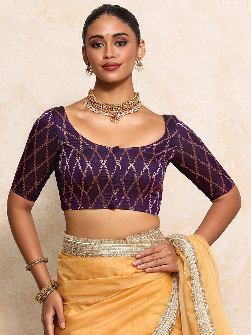 Kumkum x Tyohaar | Elbow Sleeves Saree Blouse in Orchid Plum Vine Mesh Brocade-Binks