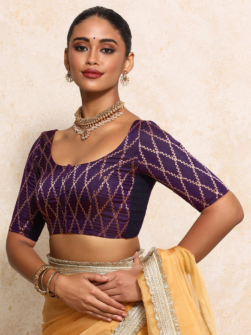 Kumkum x Tyohaar | Elbow Sleeves Saree Blouse in Orchid Plum Vine Mesh Brocade-Binks