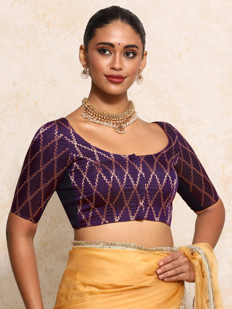 Kumkum x Tyohaar | Elbow Sleeves Saree Blouse in Orchid Plum Vine Mesh Brocade-Binks