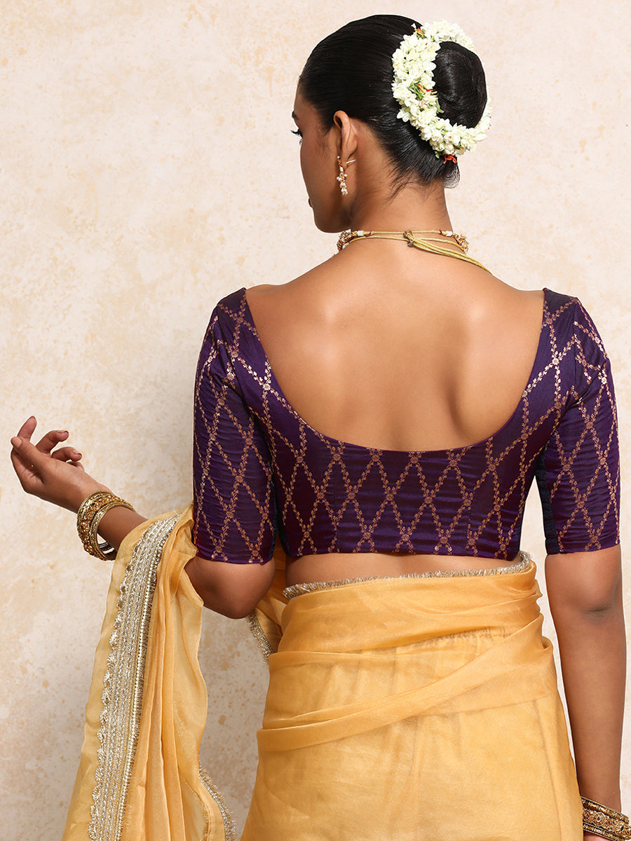 Kumkum x Tyohaar Saree Blouse, in Purple Viscose Silk Brocade, featuring elbow sleeves and round neckline (view 2).