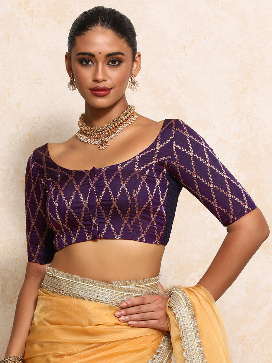 Kumkum x Tyohaar Saree Blouse, in Purple Viscose Silk Brocade, featuring elbow sleeves and round neckline (view 5).