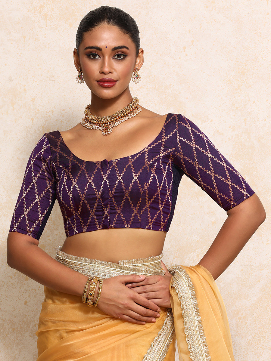 Kumkum x Tyohaar Saree Blouse, in Purple Viscose Silk Brocade, featuring elbow sleeves and round neckline (view 8).
