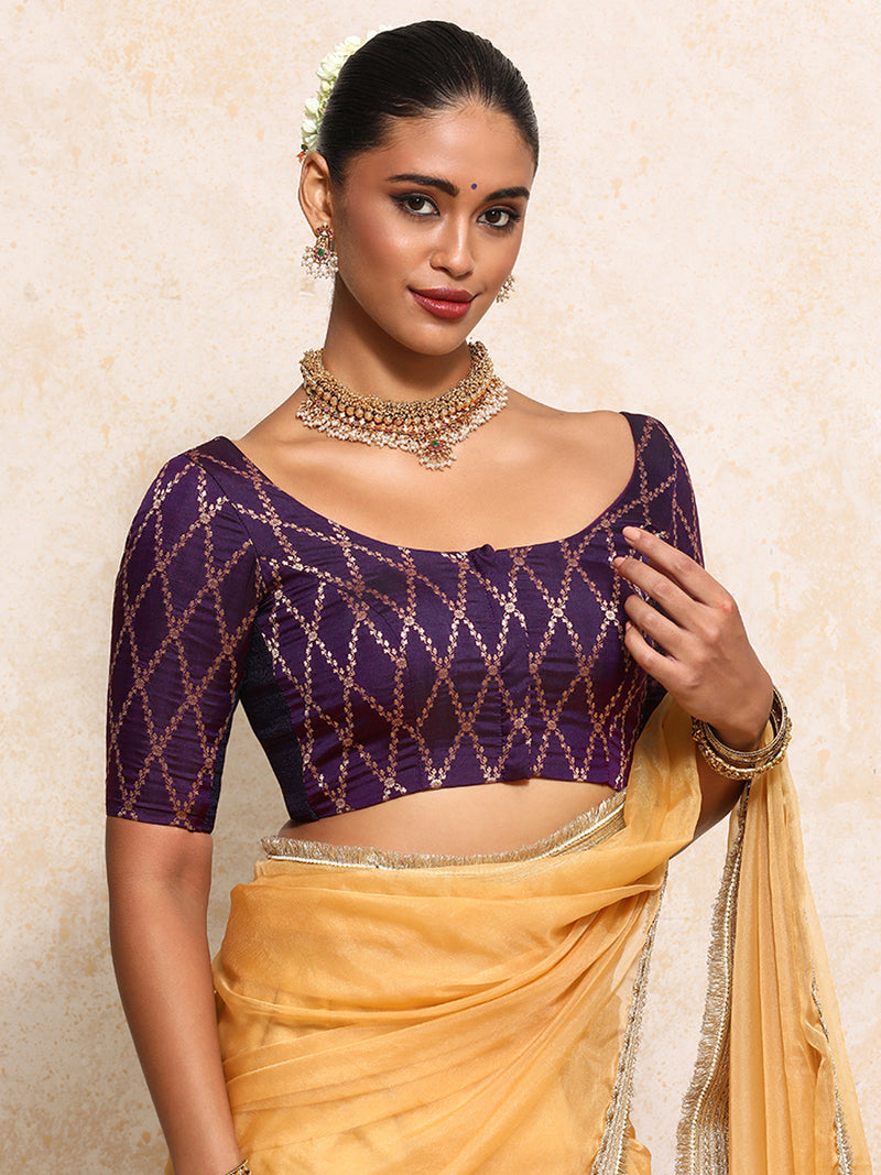 Kumkum x Tyohaar | Elbow Sleeves Saree Blouse in Orchid Plum Vine Mesh Brocade-Binks