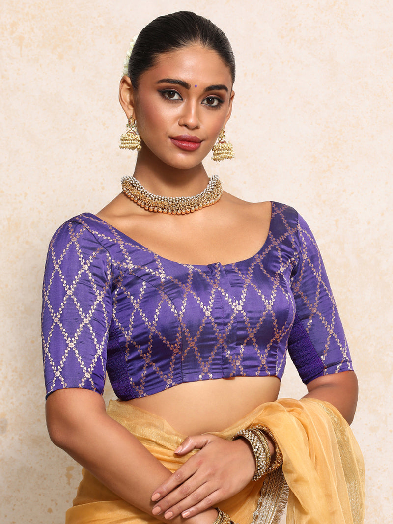 Kumkum x Tyohaar | Elbow Sleeves Saree Blouse in Regal Purple Vine Mesh Brocade-Binks