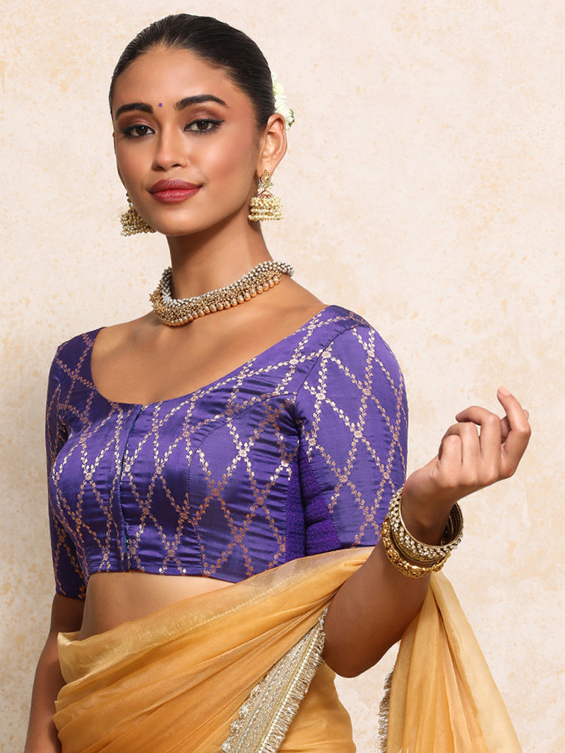 Kumkum x Tyohaar | Elbow Sleeves Saree Blouse in Regal Purple Vine Mesh Brocade-Binks