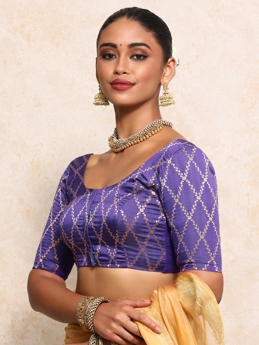 Kumkum x Tyohaar Saree Blouse, in Purple Viscose Silk Brocade, featuring elbow sleeves and round neckline (view 6).