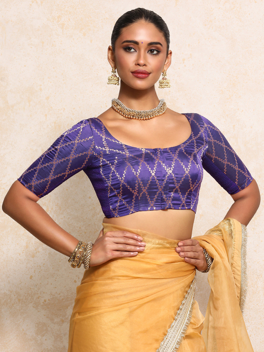 Kumkum x Tyohaar Saree Blouse, in Purple Viscose Silk Brocade, featuring elbow sleeves and round neckline (view 8).