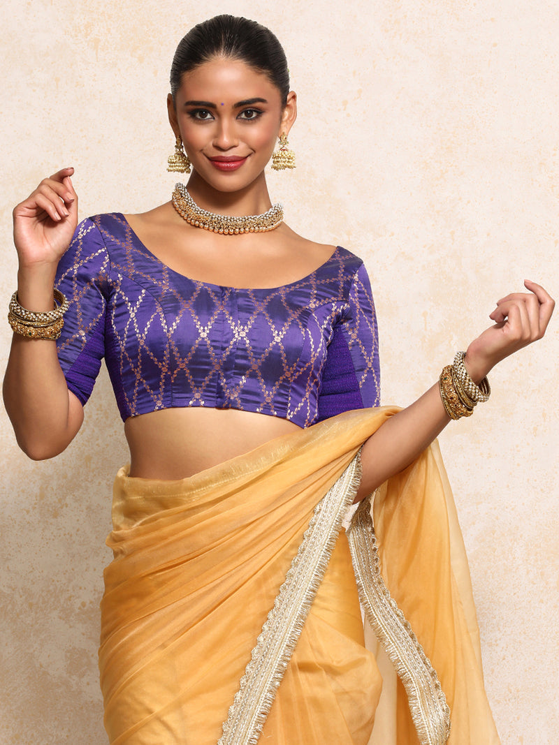 Kumkum x Tyohaar | Elbow Sleeves Saree Blouse in Regal Purple Vine Mesh Brocade-Binks